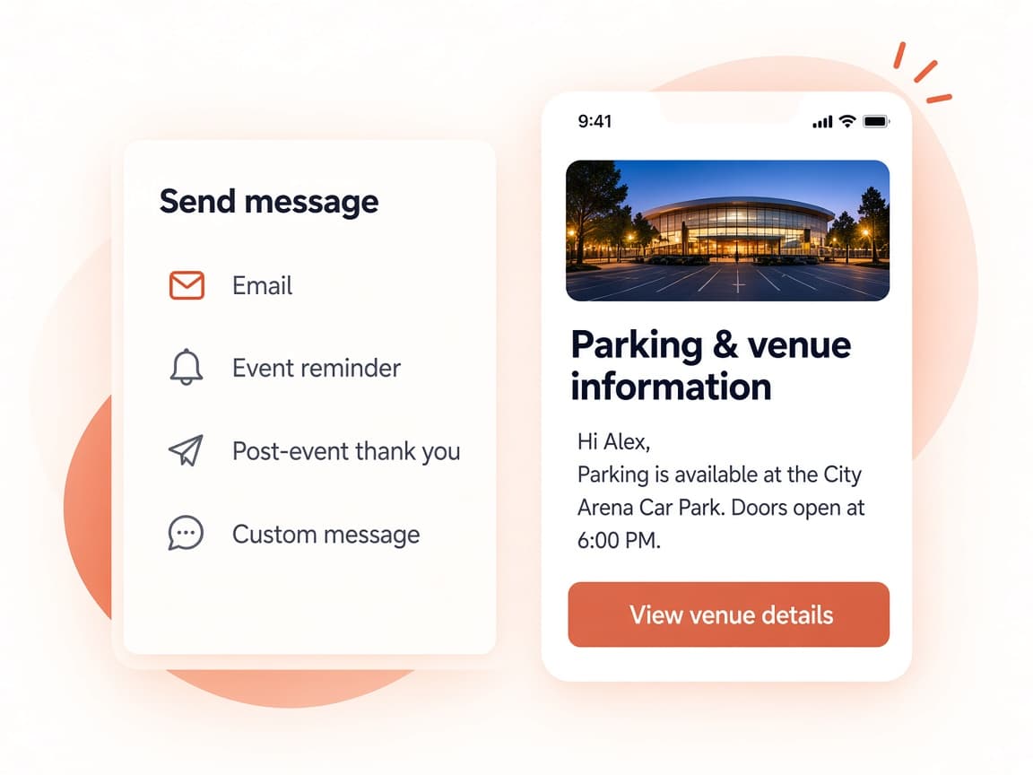 Attendee email tools beside a phone showing a parking and venue information message