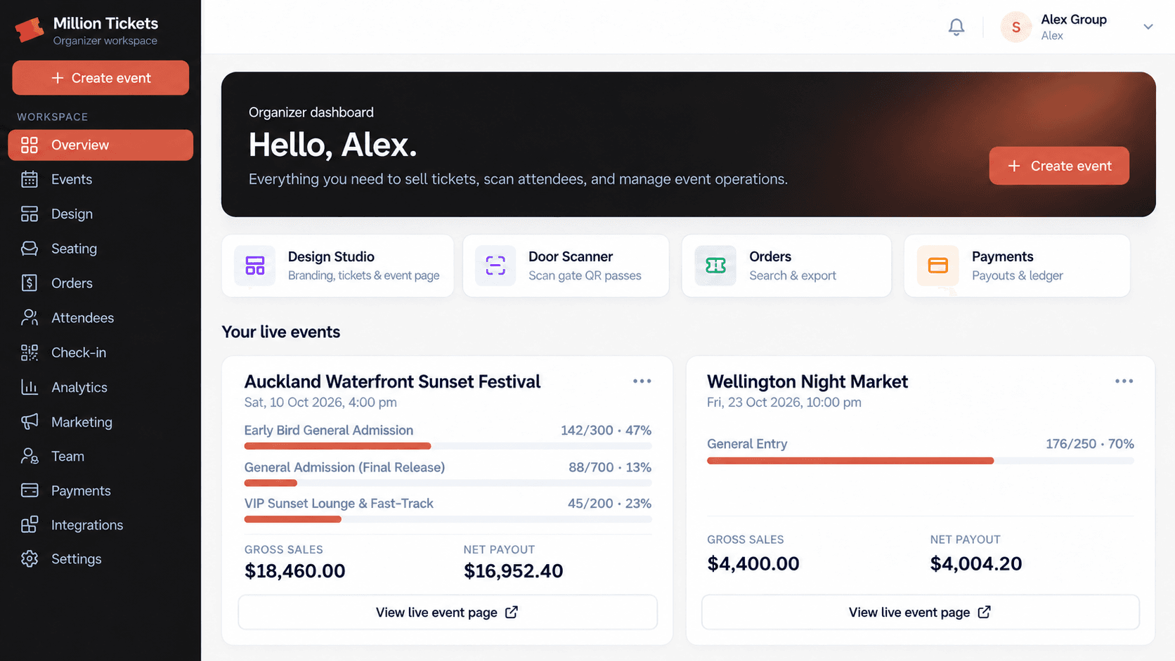 Million Tickets organizer dashboard with sidebar navigation, quick actions, and live event ticket sales.
