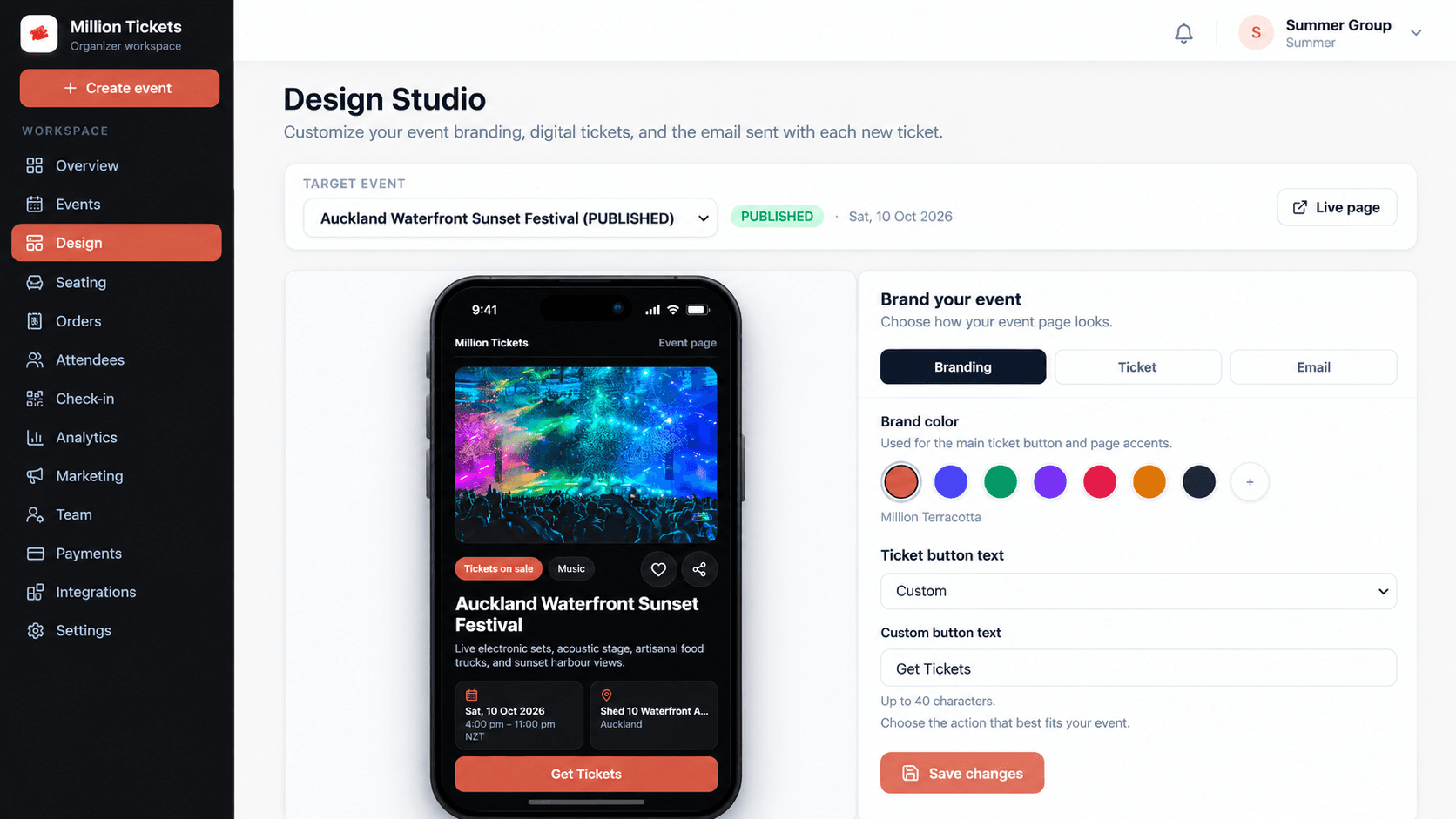 Million Tickets Design Studio showing the event page phone preview and brand colour, ticket, and email customization panel.
